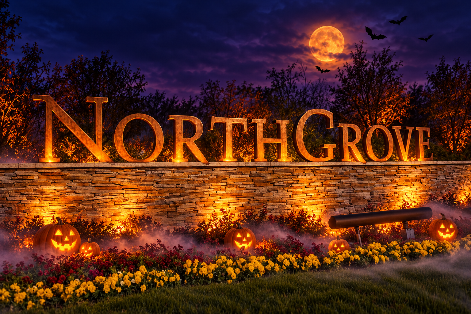 Halloween artwork of the NorthGrove entrance with glowing pumpkins, purple twilight, and mist